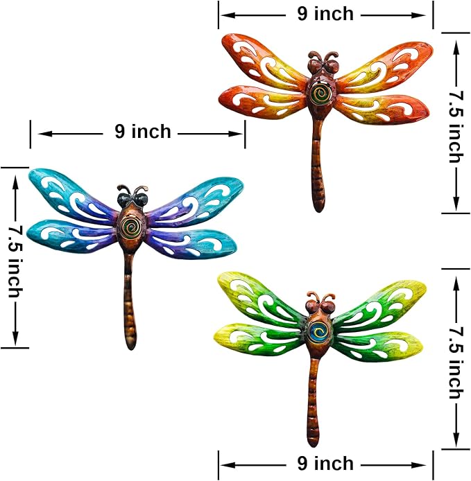 wotieuns Metal Dragonfly Wall Decoration, Garden Fence Outdoor Wall Art, Outdoor Wall Decoration, Outdoor Art Decoration Dragonfly, Suitable for Living Room, Bedroom, Yard and Porch, Set of 3