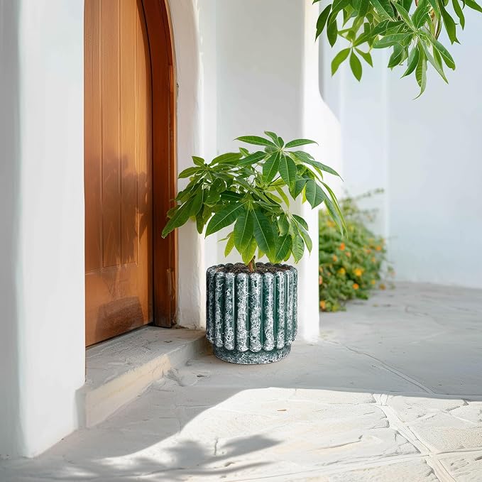 Ceramicfor Ceramic Plant Pot, 9.6 Inch, Green | Drainage Hole, Fluted Round Design, Indoor & Outdoor Use, Home Decor
