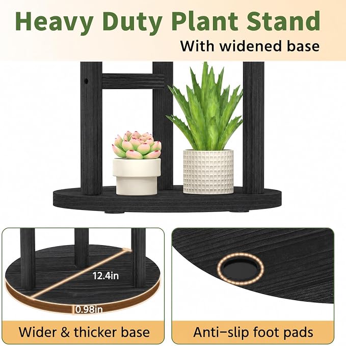 LASZOLA 3 Tiered Wood Plant Stand Indoor Corner with Grow Lights, Flower Holder Rack Tall for Multiple Plants, Rustic Planter Shelf Display for Patio Garden Balcony Living Room, Black