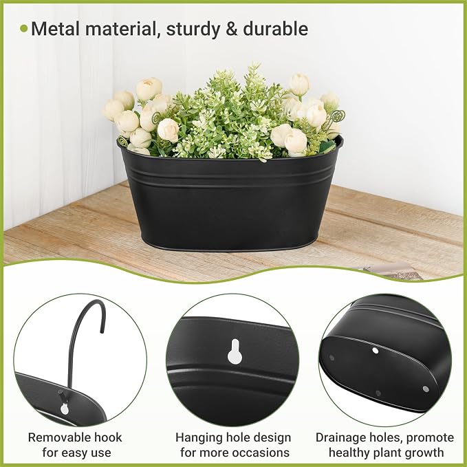 Dahey 3 Pcs 10.5 Inch Hanging Flower Pots for Railing Fence Metal Wall Planters for Indoor Plants Outdoor Countryside Window Flower Holder with Hooks Drainage Holes for Garden Yard Home Decor, Black