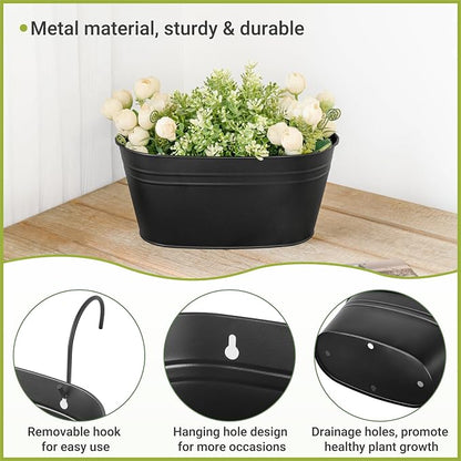 Dahey 3 Pcs 10.5 Inch Hanging Flower Pots for Railing Fence Metal Wall Planters for Indoor Plants Outdoor Countryside Window Flower Holder with Hooks Drainage Holes for Garden Yard Home Decor, Black