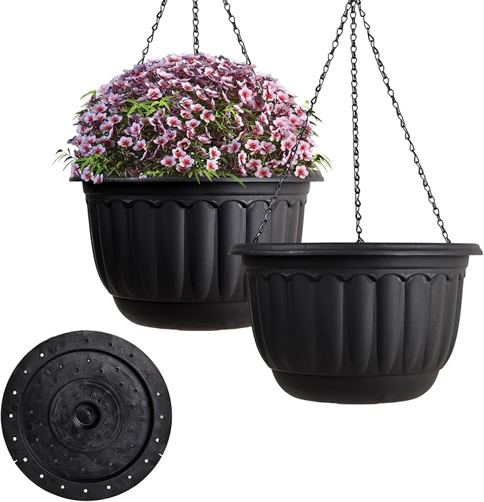 YIKUSH 12 Inch Hanging Planters for Outdoor Plants, 2 Pack Plastic Hanging Flower Pots with Drainage Hole & Tray, Hanging Basket Style Pots for Porch Patio Balcony Decor (Black)