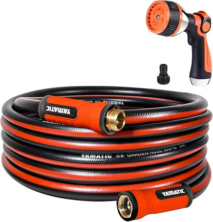 YAMATIC 25FT Garden Hose 5/8in I.D. with 10 Function Water Hose Nozzle | 3/4" Solid Brass Connections, 360° Swivel Handle for Leakproof, Adjustable Spray Nozzle with Thumb Control for Backyard Lawn