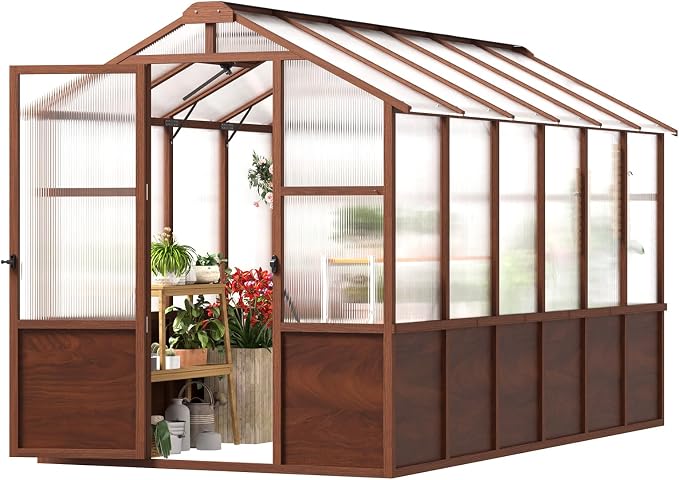 Jocoevol 6x12FT Greenhouse for Outdoors, Wooden Frame Polycarbonate Green House w/ Adjustable Roof Vent and Lockable Door Handle, Walk-in Greenhouses for Outside Garden Backyard