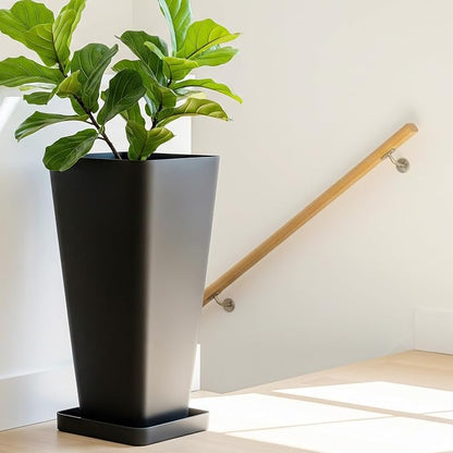 Worth Garden Large 28 in.Tall Planters Set of 2 for Indoor and Outdoor, Heavy Duty Plastic Black Modern Taper Flower Plant Pots with Drainage Hole and Dual-Purpose Tray for Front Porch, Patio
