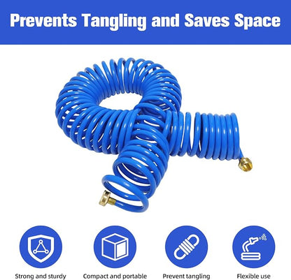 Coil Hose,3/8" EVA Coil Garden Hose 25 FT,Curly Water Hose Lightweight with Brass Connectors,Recoil Garden Hose Includes 8-Pattern Spray Nozzle for Boat, Yard, Patio