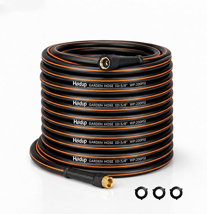 100 FT Heavy Duty Garden Hose 5/8 Inch - Non-Expandable Hybrid Rubber Water Hose, Flexible All-Weather Leakproof Yard Hose with Solid Fittings for Lawn, Car Washing & Patio Cleaning (Black/Orange)