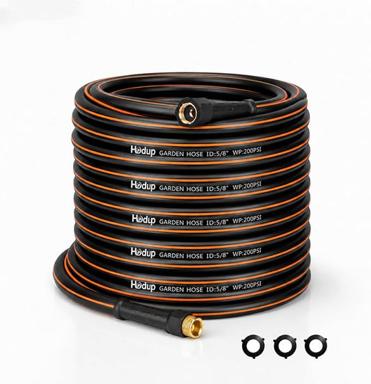 100 FT Heavy Duty Garden Hose 5/8 Inch - Non-Expandable Hybrid Rubber Water Hose, Flexible All-Weather Leakproof Yard Hose with Solid Fittings for Lawn, Car Washing & Patio Cleaning (Black/Orange)
