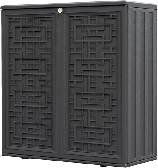 HOMSPARK Indoor/Outdoor Storage Cabinet with Doors and Shelf, 34”x15”x36” HDPE Plastic Storage Box Waterproof for Patio, Garden, Balcony, Multi-Purpose for Daily Tools, Black