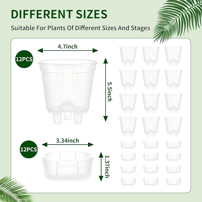 Cdd's Path 5 Inch Clear Self Watering Pots Set, 12 Pack Naked Root Planter with Deep Water Tank, Large Drainage Holes, Reservoir & Air Pipes for Indoor Outdoor Plants, Flowers, Seedlings