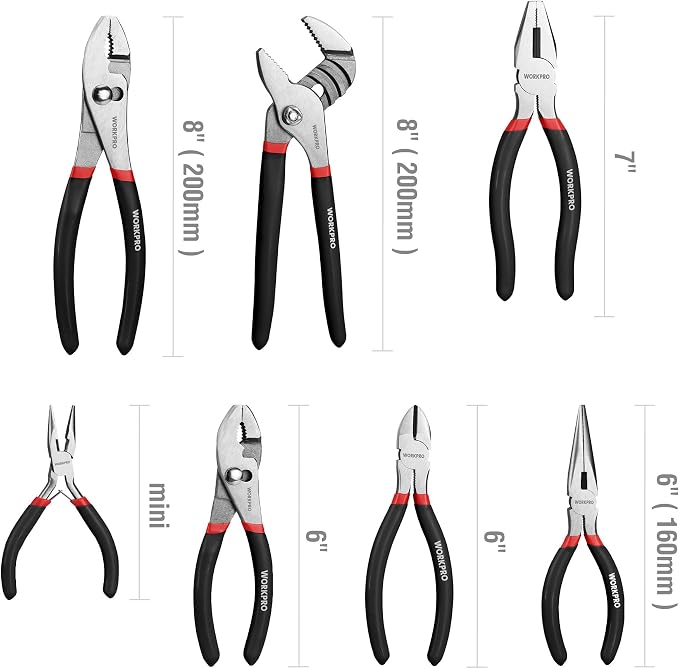 WORKPRO 7-piece Pliers Set, Black | Groove Joint Piler, Long Nose Piler, Slip Joint Piler, Linesman Piler, Diagonal Pliers for DIY & Home Use