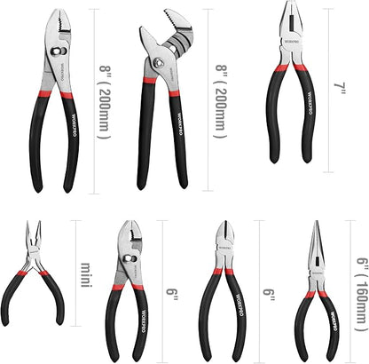 WORKPRO 7-piece Pliers Set, Black | Groove Joint Piler, Long Nose Piler, Slip Joint Piler, Linesman Piler, Diagonal Pliers for DIY & Home Use