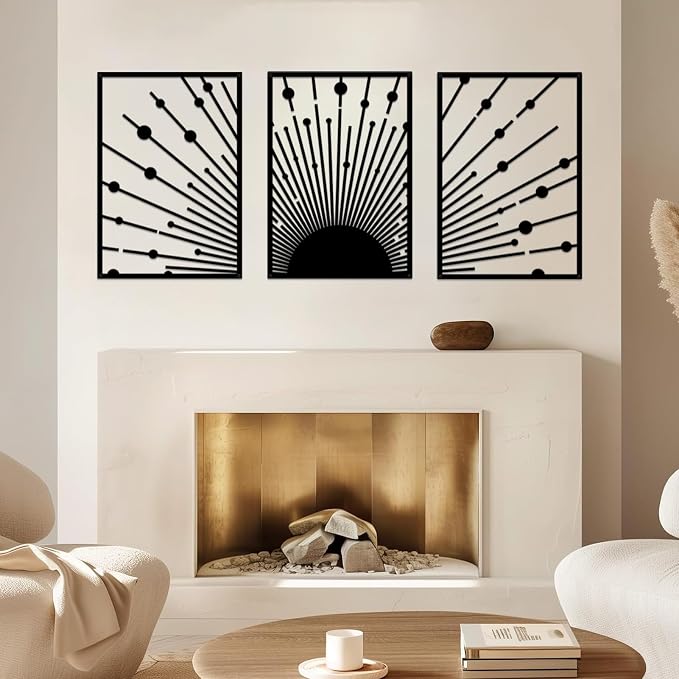 ruelen Black Metal Sun Wall Decor, Set of 3 Minimalist Sunshine Line Art Sculpture, Large Outdoor Metal Wall Art, Nautical Black Celestial Outdoor Decorative Wall Panel for Outside & Modern Home Wall Decor(15.7x11'' Per Piece)