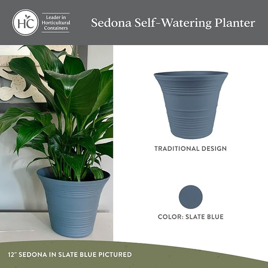 The HC Companies Sedona Round Self-Watering Pot - Lightweight Self Care Planter - Plastic Planter for Herbs & More - Durable Plant Pots for Indoor Plants & Outdoor Plants (14" Slate Blue, Pack of 1)