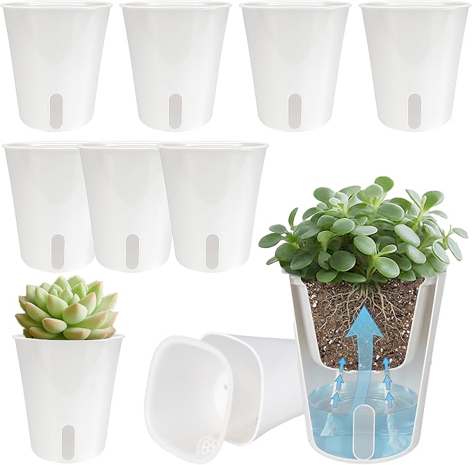 10 Pack 3 Inch Self Watering Pots for Indoor Plants, White Plastic Planters with Water Level Indicator, Drainage Holes & Wick, Small Plant Pots for Cuttings, Seedlings, Herbs, African Violets
