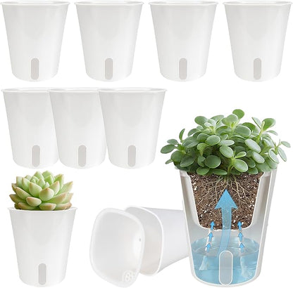 10 Pack 3 Inch Self Watering Pots for Indoor Plants, White Plastic Planters with Water Level Indicator, Drainage Holes & Wick, Small Plant Pots for Cuttings, Seedlings, Herbs, African Violets