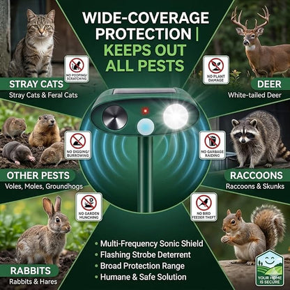 2026 Sonic Fortress Pro Deer Repellent Devices with USB Charge,Solar Ultrasonic Animal Repellent with Motion Sensor&Flash Light,Deer Deterrent for Flower beds,Vegetable Gardens,Plants 4Pack