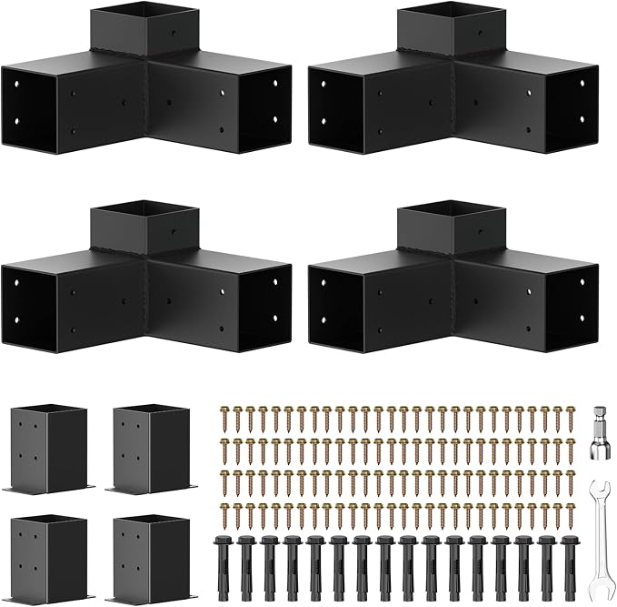 Pergola Kit, 3-Way Pergola Brackets for 4"x 4" (Actual 3.5" X 3.5") | Heavy Duty, DIY Post Base Kit, Easy Installation, For Gazebos, Patio Pergolas, Log Cabin