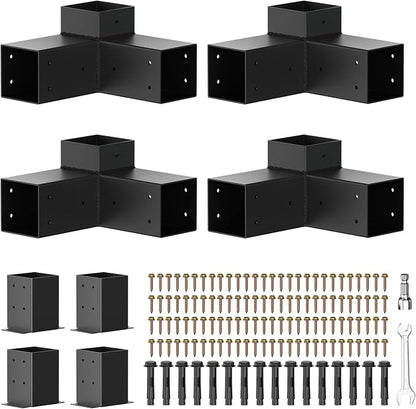 Pergola Kit, 3-Way Pergola Brackets for 4"x 4" (Actual 3.5" X 3.5") | Heavy Duty, DIY Post Base Kit, Easy Installation, For Gazebos, Patio Pergolas, Log Cabin