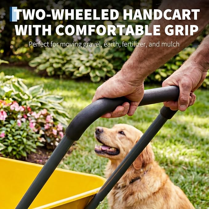 Garden Wheelbarrow Cart, Heavy Duty Utility Cart with Dual Wheels and Built-in Stand, Iron and Plastic Yard Cart for Home, Lawn and Garden