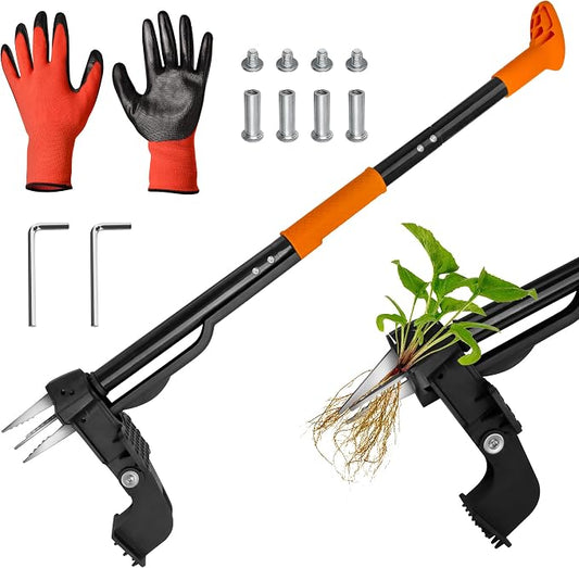 Weed Puller Tool,4-Claw Heavy Duty Gardening Stand-Up Weeder Puller,Ergonomic Long Handle,3 High-Strength Stainless Steel Claws for Lawn Garden,Crabgrass,Dandelion,Thistle (Include gloves)