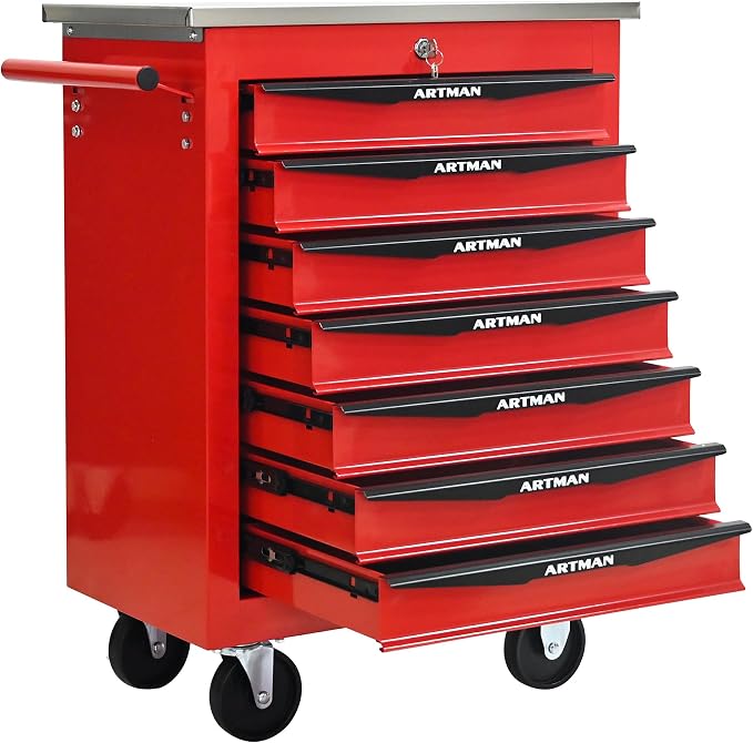 KEIKI 7 Drawers Tool Cart on Wheels,Multifunctional Rolling Tool Chest Tool Storage,Drawers Rolling Tool Trolley Organizer Tool Case for Garage, Warehouse, Workshop, Repair Shop (Red)