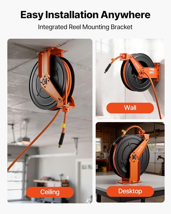 VEVOR Retractable Air Hose Reel, 1/2 Inch x 50 FT Rubber Air Hose Max 300PSI, Auto Rewind Air-Compressor Hoses Reel with 5 ft Lead in, Ceiling/Wall Mount Heavy Duty Steel Double Arm