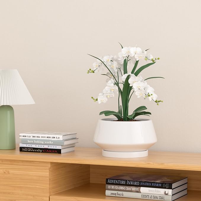 10 Inch White Ceramic Planter with Drainage Hole and Saucer | Ideal for Indoor and Outdoor Plants, Modern Home Decor, Round, Gloss White