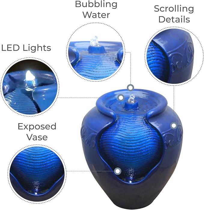Teamson Home 16.96 in. Outdoor Glazed Pot Water Fountain with LED Lights, Built-in Pump to Create a Calming Oasis in Gardens, Landscaping, Patios, Balconies, Lawns, Royal Blue | Glazed Pot Ceramic Look, LED Lights & Pump, Cascading Zen Fountain, For Ba...
