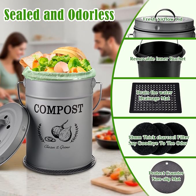 AOSION 1 Gallon Countertop Compost Bin for Kitchen with Lid,Odor Resistant | Farmhouse compost bin with charcoal filter,inner bucket and bags,easy kitchen food waste storage