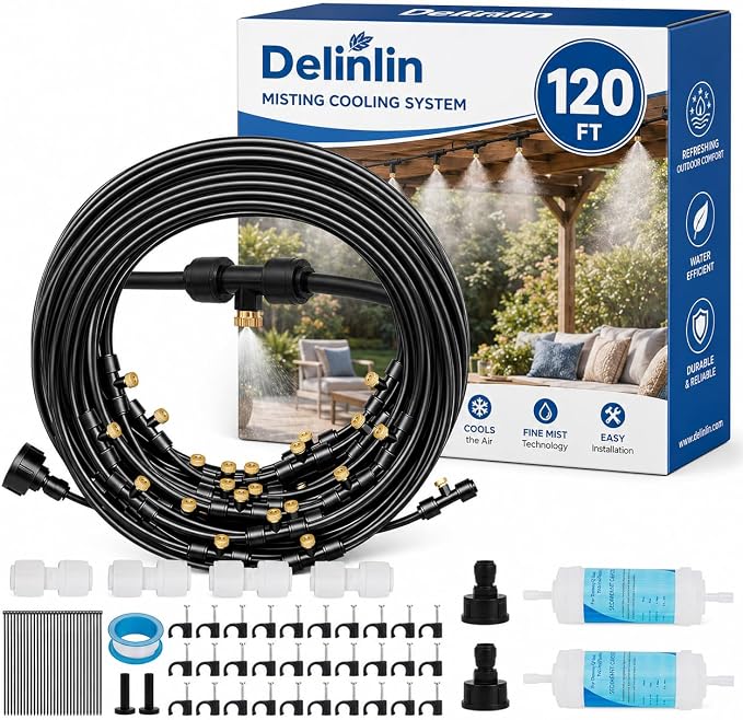 120FT Misters for Outside Patio, Outdoor Misting Cooling System with 28 Brass Nozzles & 2 Water Filters, DIY Misting Kit for Backyard Garden Greenhouse Deck Umbrella Canopy Pool Porch Trampoline