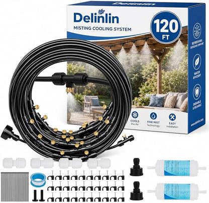 120FT Misters for Outside Patio, Outdoor Misting Cooling System with 28 Brass Nozzles & 2 Water Filters, DIY Misting Kit for Backyard Garden Greenhouse Deck Umbrella Canopy Pool Porch Trampoline