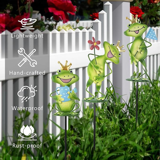 3 Pack Metal Garden Stakes, 21" Frog Garden Stakes for Spring Decor, Metal Yard Art for Outdoor & Outside Lawn Patio Pathway Decoration