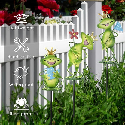 3 Pack Metal Garden Stakes, 21" Frog Garden Stakes for Spring Decor, Metal Yard Art for Outdoor & Outside Lawn Patio Pathway Decoration
