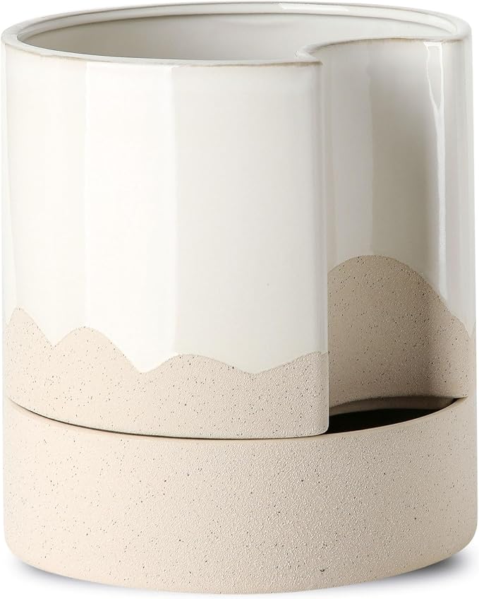 Nihow Ceramic Self Watering Plant Pot for Indoor Plants,8 Inch,White & Wave | Planter with Cotton Wick, Drainage Hole & Water Storage Plus, Cylinder Round Flower Pot, For Succulent/Herbs/Violets