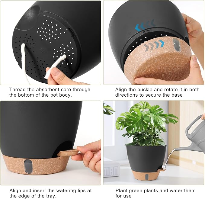 Self Watering Pots for Indoor Plants 12/10/9/8 Inch Large Plastic Self Watering Flower Pots Indoor Outdoor with Drainage Holes, Deep Reservoir,Nursery Planting Pot for Indoor Outdoor Plants Black
