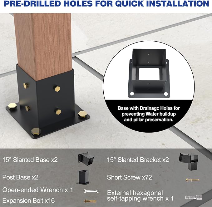 Pergola Kit with Brackets, 15°Slanted Roof Pergola Bracket Kit, Roof Wall Mount Extension Bracket Kit 3-Way Brackets for Pergola 4"x 4" (Actual 3.5" X 3.5") Lumber