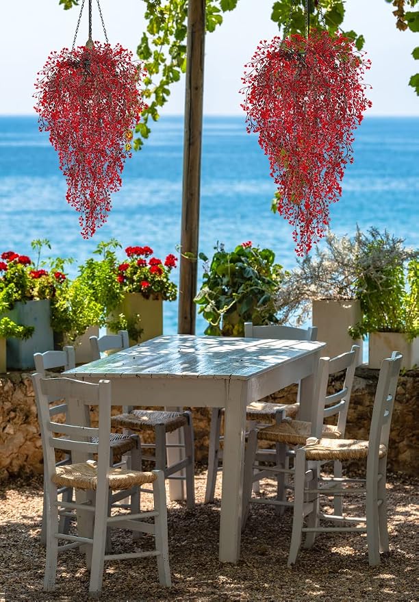 RECUTMS 4 Pcs Faux Hanging Vines Ferns Artificial Hanging Plants Fake Ivy Wall Plants Decoration for Summer Indoor Outdoor Patio Garden Wedding Graduation Balcony Christmas Party Home(Red)