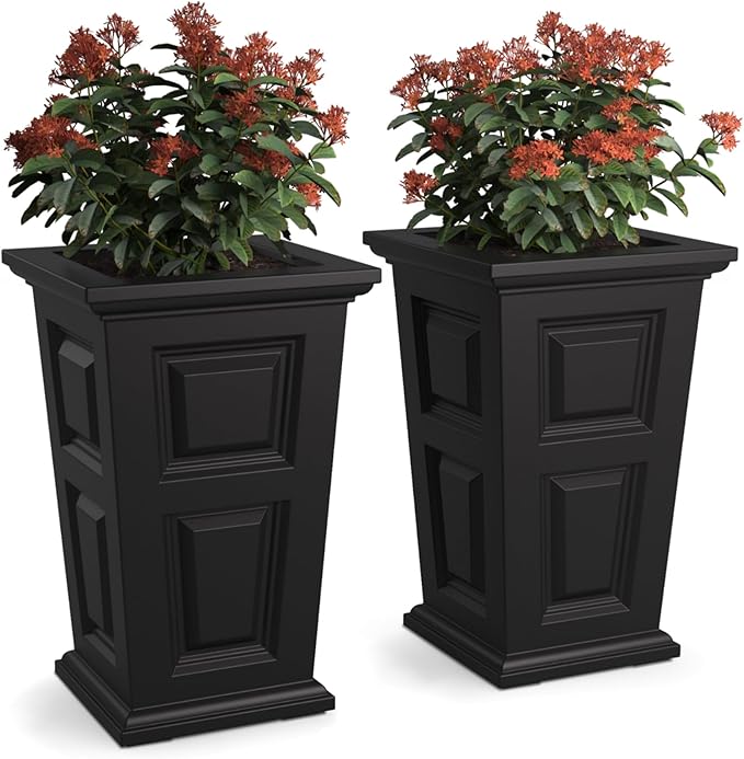 Nantucket 24-Inch Self Watering Tall Planter, 2-Pack, Weather-Resistant and Durable, Ideal for Indoor and Outdoor Use, Perfect for Patio, Porch, or Entryway, Black