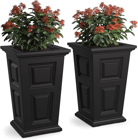 Nantucket 24-Inch Self Watering Tall Planter, 2-Pack, Weather-Resistant and Durable, Ideal for Indoor and Outdoor Use, Perfect for Patio, Porch, or Entryway, Black