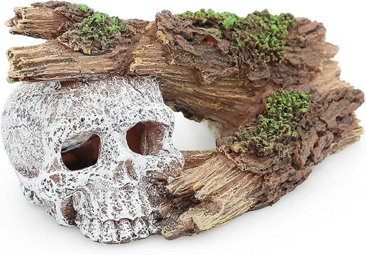 Fish Tank Decorations, Large Aquarium Decor Accessories with Skull and Driftwood, Bearded Dragon Hideout, Reptile & Amphibian Habitat Hideouts