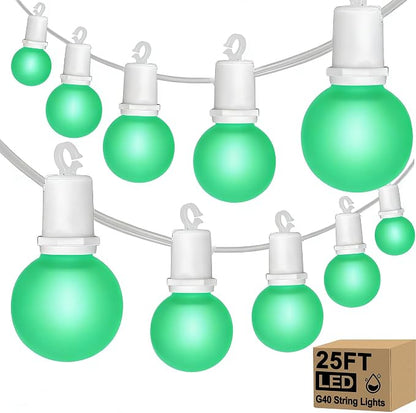 LED St. Patrick's Day String Lights, 25Ft St Patricks Decorations Outdoor | 25+2 G40 Round Bulbs, Connectable, Hanging Patio Lights Shatterproof for Indoor Home Decor Party, White Wire, Ceramic Green