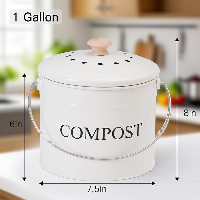 Compost Bin - 1 Gallon Countertop Composter with Lid, Charcoal Filters, Rust Proof Indoor Food Waste Bin