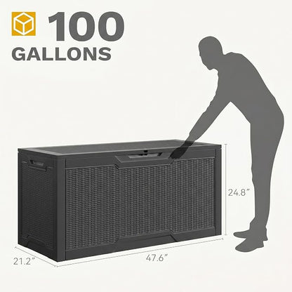 DWVO 100 Gallon Outdoor Storage Box, Lockable Water Resistant Deck Box for Patio, Essentials, Tools, Supplies - Black