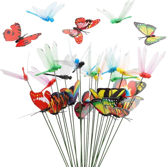 30PCS 3D Dragonfly Garden Stakes Butterfly Garden Stakes for Outdoor Decor | Waterproof Dragonfly Butterfly Decorative Garden Stakes for Flower Arrangements Outdoor Indoor Spring Garden Decor