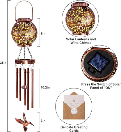 YHmall Wind Chimes for Outside, Windchimes Outdoors Hummingbird Gifts for Mom Women Grandma, Hanging Solar Lantern Solar Wind Chimes for Outside Patio Yard Garden Decor