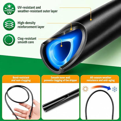 1/4 Drip Irrigation Tubing 200FT, Dripline Tubing with 6 Inch Emitter Spacing, Built-in 0.5 GPH Drippers, 1/4 Irrigation Tubing Drip Line with Fittings and End Plugs for Raised Beds, Garden Rows