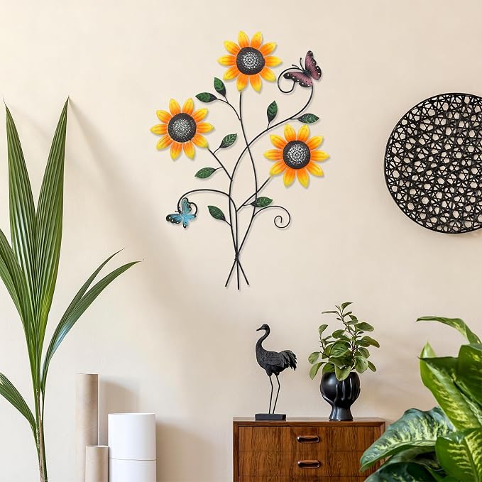 DETENE Metal Sunflower Wall Decor with Butterfly 3D Colorful Outdoor Wall Art Fence Decorations for Patio Metal Flowers Wall Hanging Ornament for Garden Porch Living Room Balcony Farmhouse (yellow-night light)