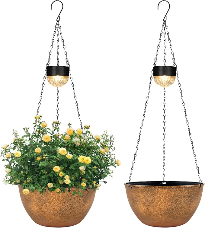 SUNNYPARK 2 Pack Solar Hanging Planters for Plants Outdoor | Self Watering, Bronze Flower Pots with Solar Light, Hanging Garden Planters with Drainer for Balcony Patio Outdoor Decor