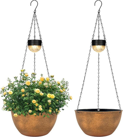 SUNNYPARK 2 Pack Solar Hanging Planters for Plants Outdoor | Self Watering, Bronze Flower Pots with Solar Light, Hanging Garden Planters with Drainer for Balcony Patio Outdoor Decor